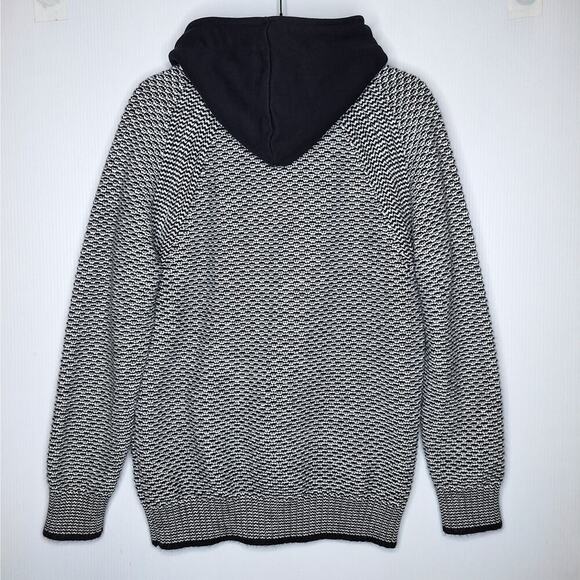 Leif Nelson Mens Sweater Jacket Large Removable Hood Full Zip Black White Collar - Picture 11 of 12